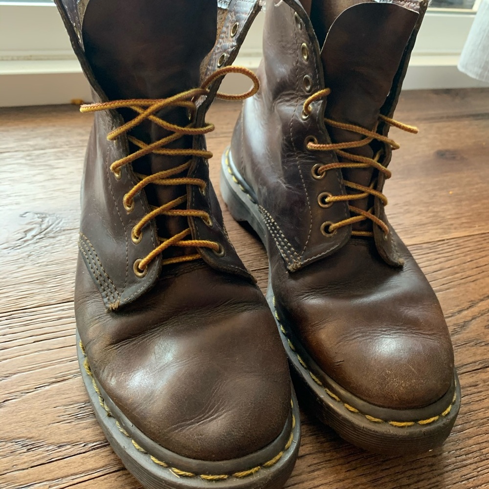 Perfectly worn men’s Dr Marten brown leather boots